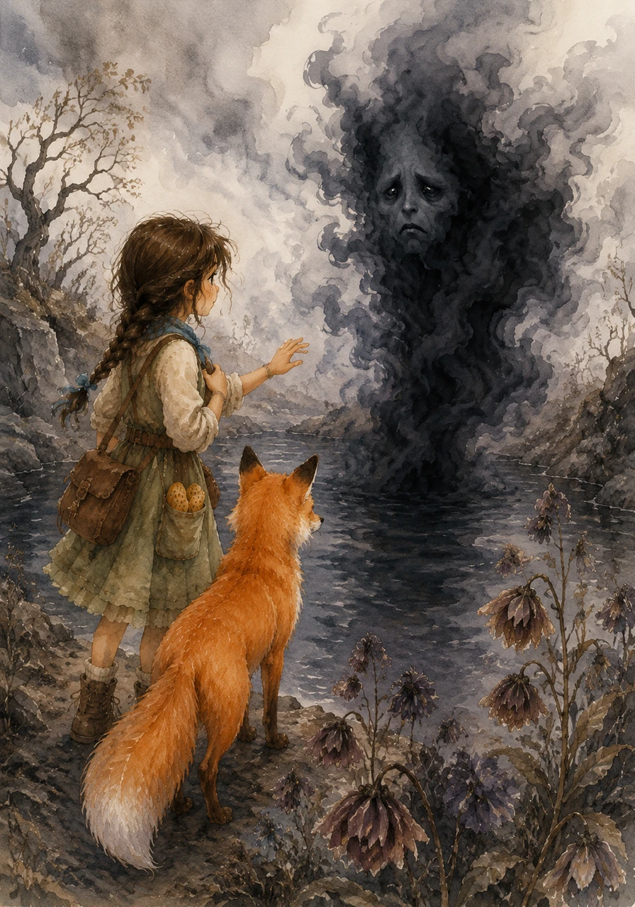They reached a crystal pond that had been turned black by a swirling creature of smoke and sadness known as the Shadow Without a Name. Mira noticed the shadow didn't look evil, but rather lonely and forgotten, as it drifted over the wilted flowers and trembling trees.