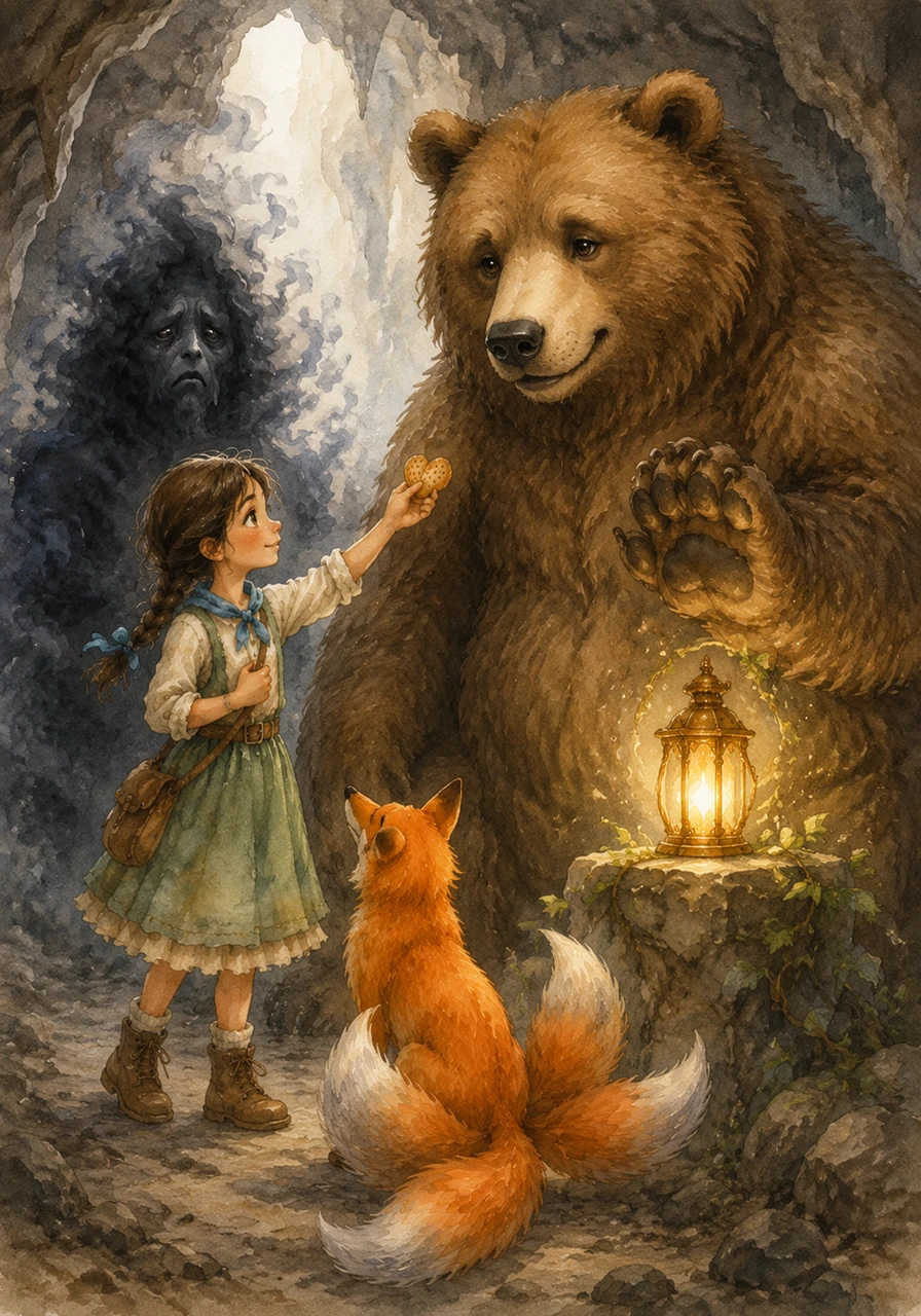 A giant bear guarded the lantern, but instead of running from his mighty roar, Mira gently offered him a sweet honey biscuit from her pocket. The bear’s angry face softened into a warm smile as he sensed Mira’s kindness, and he stepped aside to let her take the glowing lantern.