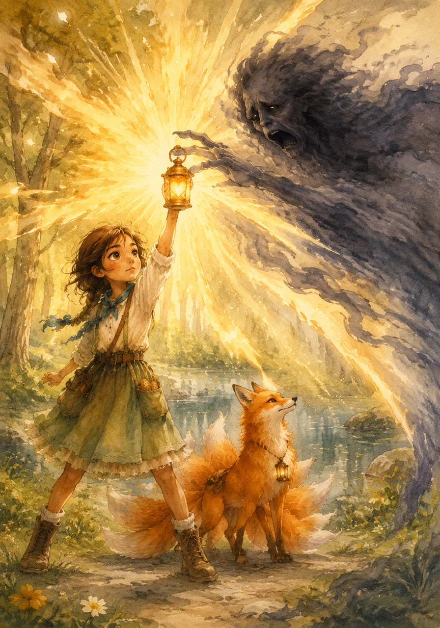 Back at the pond, Mira stood tall and lifted the Heart Lantern high as the Shadow Without a Name lunged forward with a cold wind. A wave of warm golden light erupted from the lantern, pushing back the darkness and bathing the entire woods in a protective, brilliant glow.