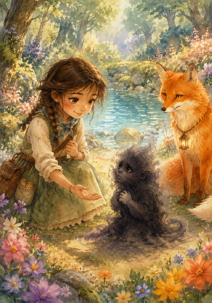 As the darkness faded, a small, frightened spirit appeared where the shadow had been, revealing that it had only turned to darkness because it felt abandoned. Mira’s compassion broke the spell, and the forest instantly burst into color, with flowers blooming and the pond turning clear as glass.