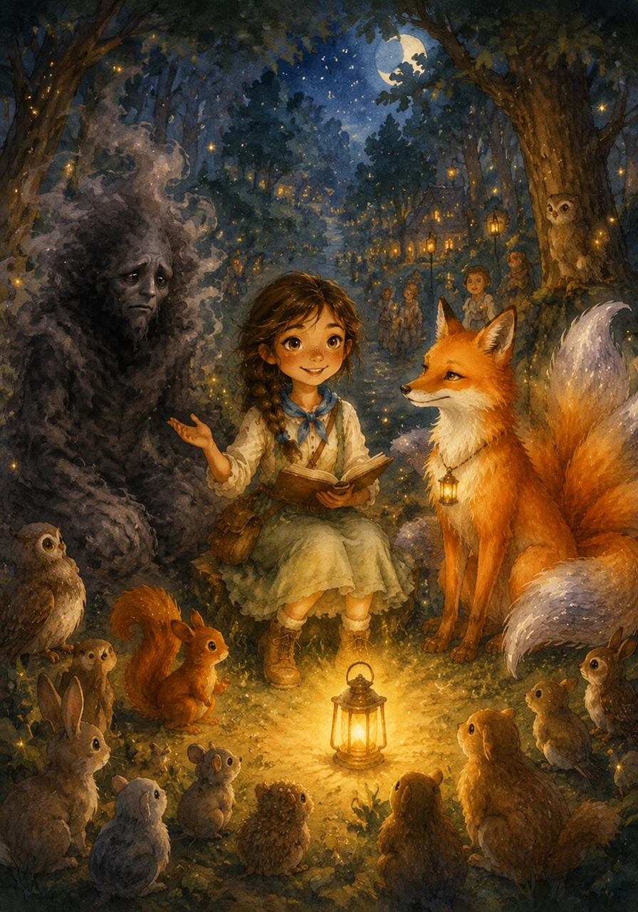 Now known as the Girl Who Returned the Light, Mira visited the forest every evening to share stories and laughter with Fenwick and her new magical friends. The villagers no longer feared the woods, knowing that as long as there was kindness, the magic of Moonwhistle Forest would never fade.