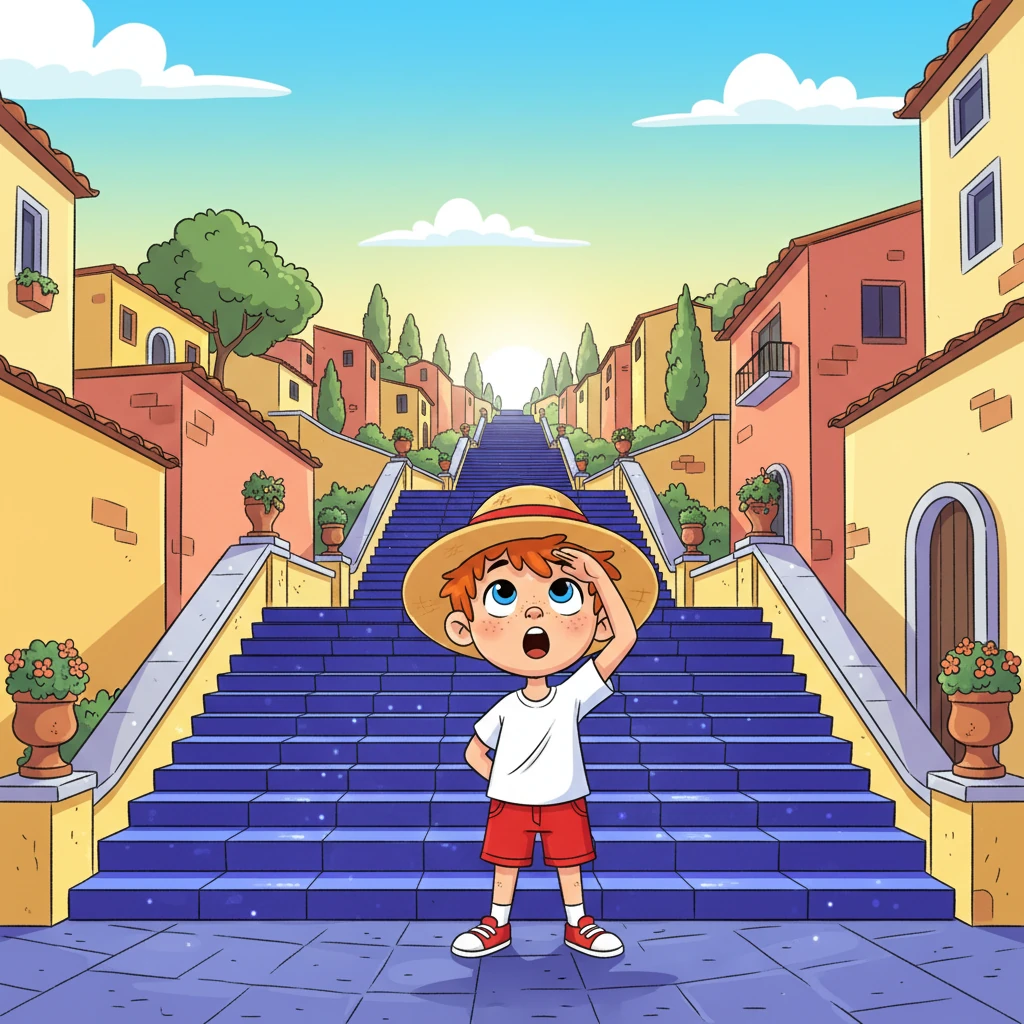 The golden sun beat down on the beautiful Scalinata di San Giacomo, making the cobalt tiles sparkle like a giant blue ribbon. Little Leo, with his bright red shorts and a wide straw hat, squinted up at the long, long stairs. It was a very, very hot day, but Leo had a special mission at the very top.