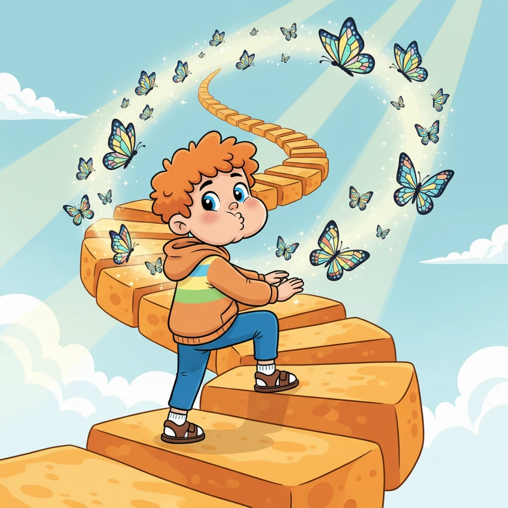 He took a deep breath, his cheeks puffy with determination, and began to climb. Each step felt warm under his tiny sandals. Butterflies with wings like stained glass fluttered past, seeming to guide him upwards with their cheerful dance.