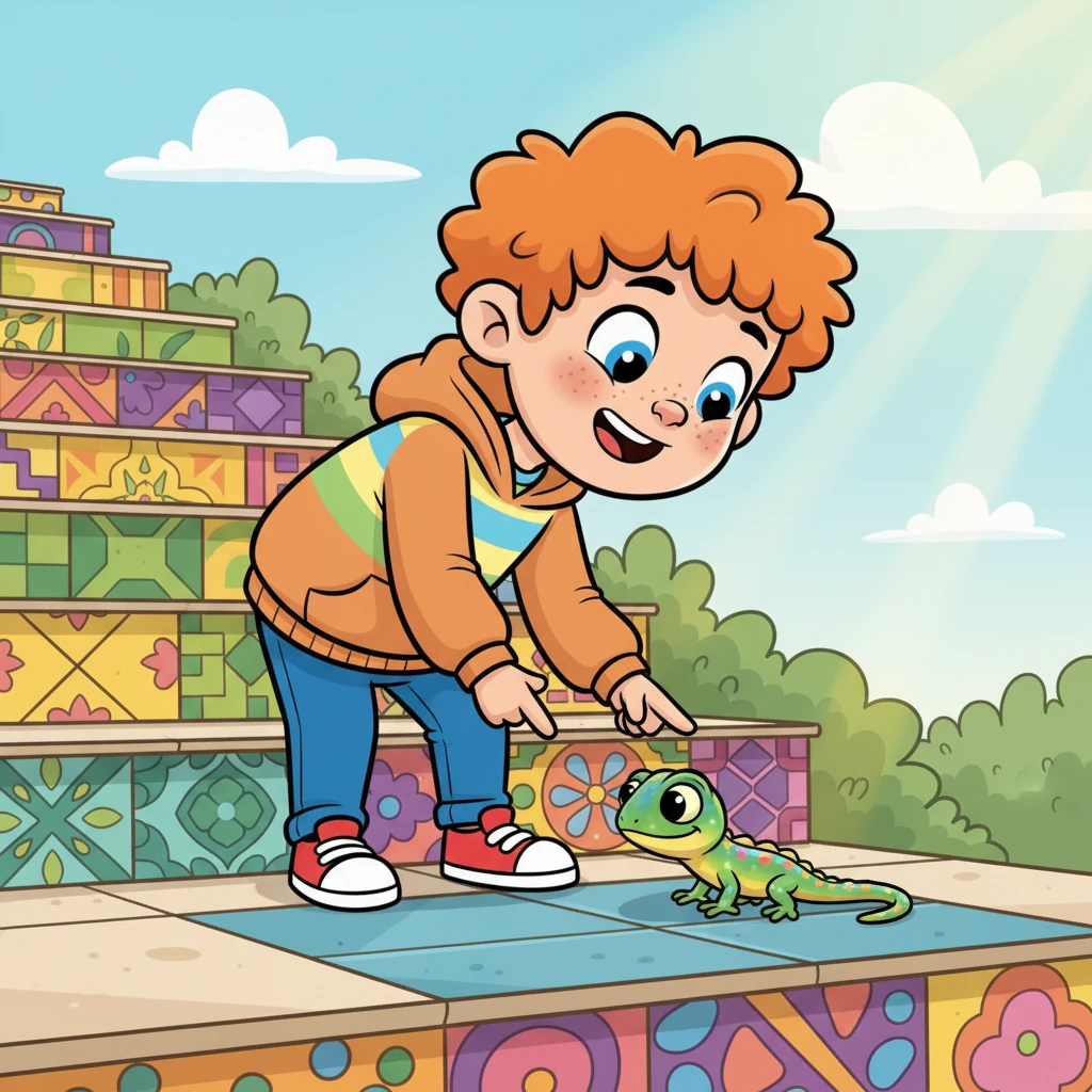 Halfway up, Leo spotted a tiny, shimmering lizard sunbathing on a cool blue tile. The lizard blinked slowly, its scales glinting in the light, as if sharing a secret about the steps. Leo giggled, feeling a sense of wonder at the small creature.