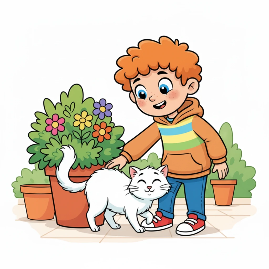 A friendly, fluffy white cat with a playfully swishing tail suddenly appeared from behind a vibrant terracotta pot. It rubbed gently against Leo's leg, purring loudly. Leo paused to give it a soft pat, enjoying the comforting feel of its fur.