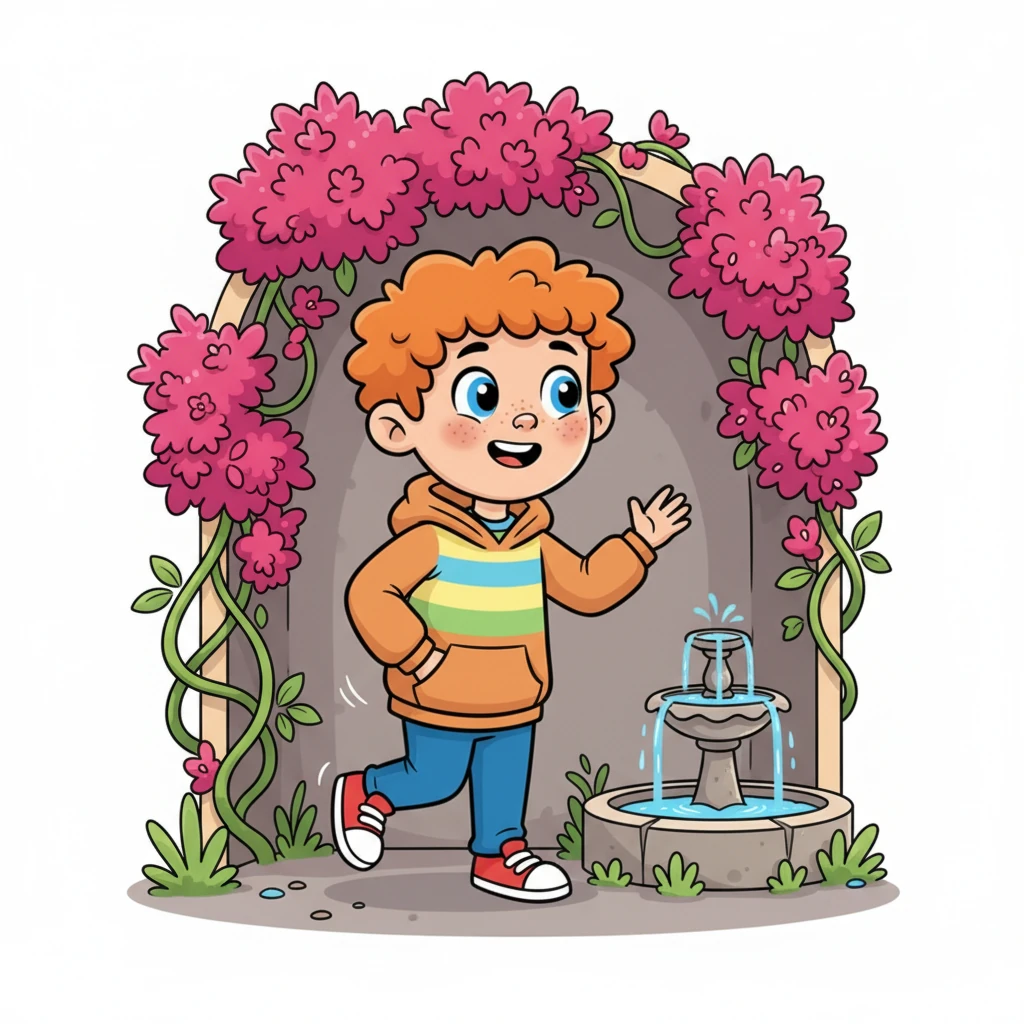 He noticed a tiny, shaded alcove tucked beside a brilliant bougainvillea bush, where a small fountain trickled softly. The air there felt wonderfully cool and breezy against his skin. It was the perfect spot to rest for a moment and catch his breath.