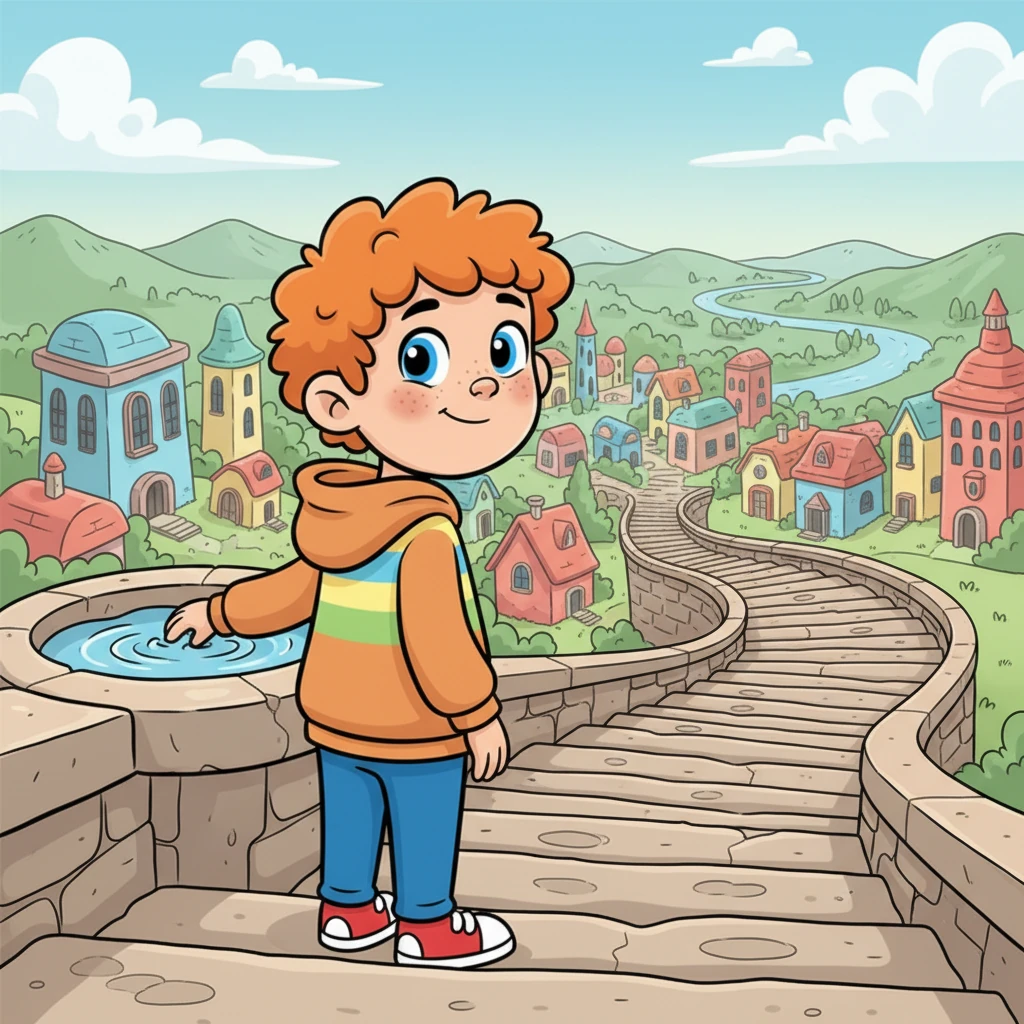 Leo dipped his fingers into the cool, clear water, watching the ripples spread out to the edges. He looked back down the hundreds of steps, feeling a swell of pride for how far he had already come. The view of the colorful town stretching out below was absolutely breathtaking.