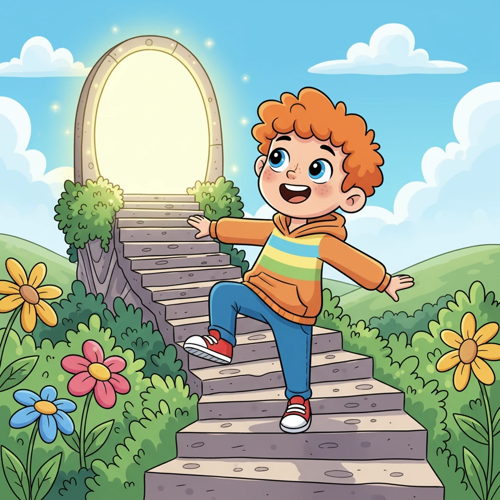 With renewed energy, Leo continued his climb, his ultimate goal almost in sight. The top of the steps seemed to shimmer even more brightly now, promising something truly special. He could almost taste the excitement of discovery.