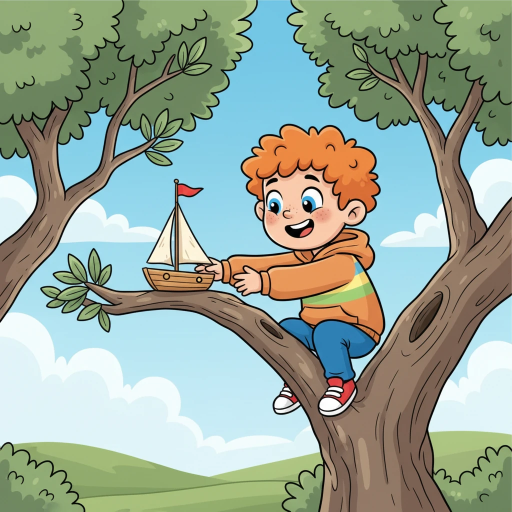 At the very top, nestled between two ancient olive trees, he found exactly what he was looking for: a small, forgotten toy sailboat, its tiny red flag gently waving in the breeze. It looked like it had been waiting just for him to find. His eyes lit up with pure joy.