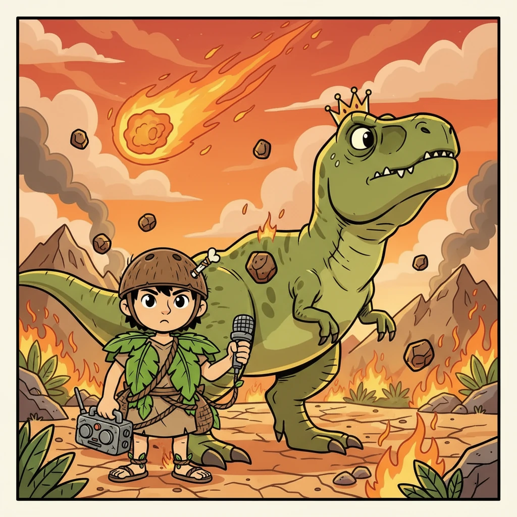T-Rex, the self-proclaimed king, is struggling to understand the fiery ball hurtling towards him. Sora, trying to remain professional, attempts her first interview, dodging falling debris. The air crackles with heat as she asks about his leadership skills.