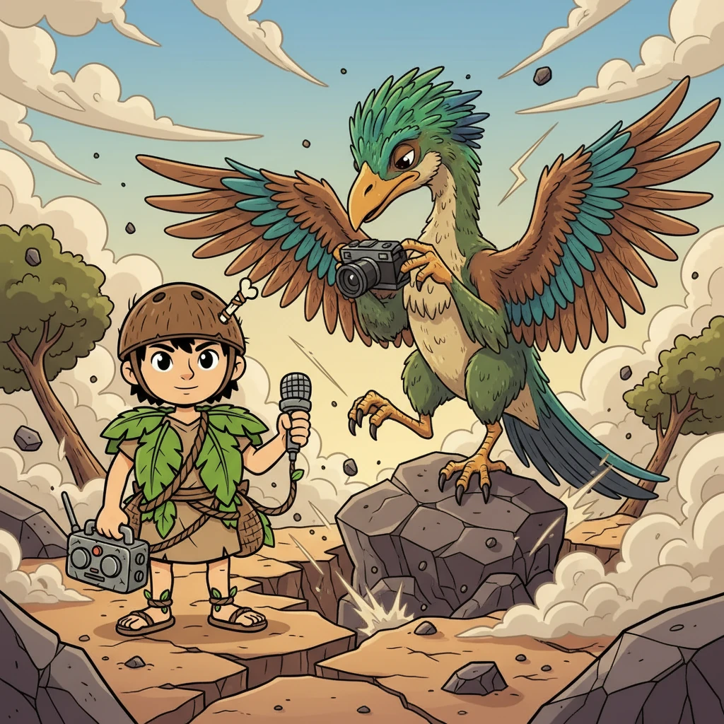 Next up is Archaeopteryx, the feathered influencer, meticulously preening her feathers, completely oblivious to the chaos. She’s busy filming a sky-diving tutorial, even as the ground shakes. Sora tries to get a quote on the latest fashion trends.