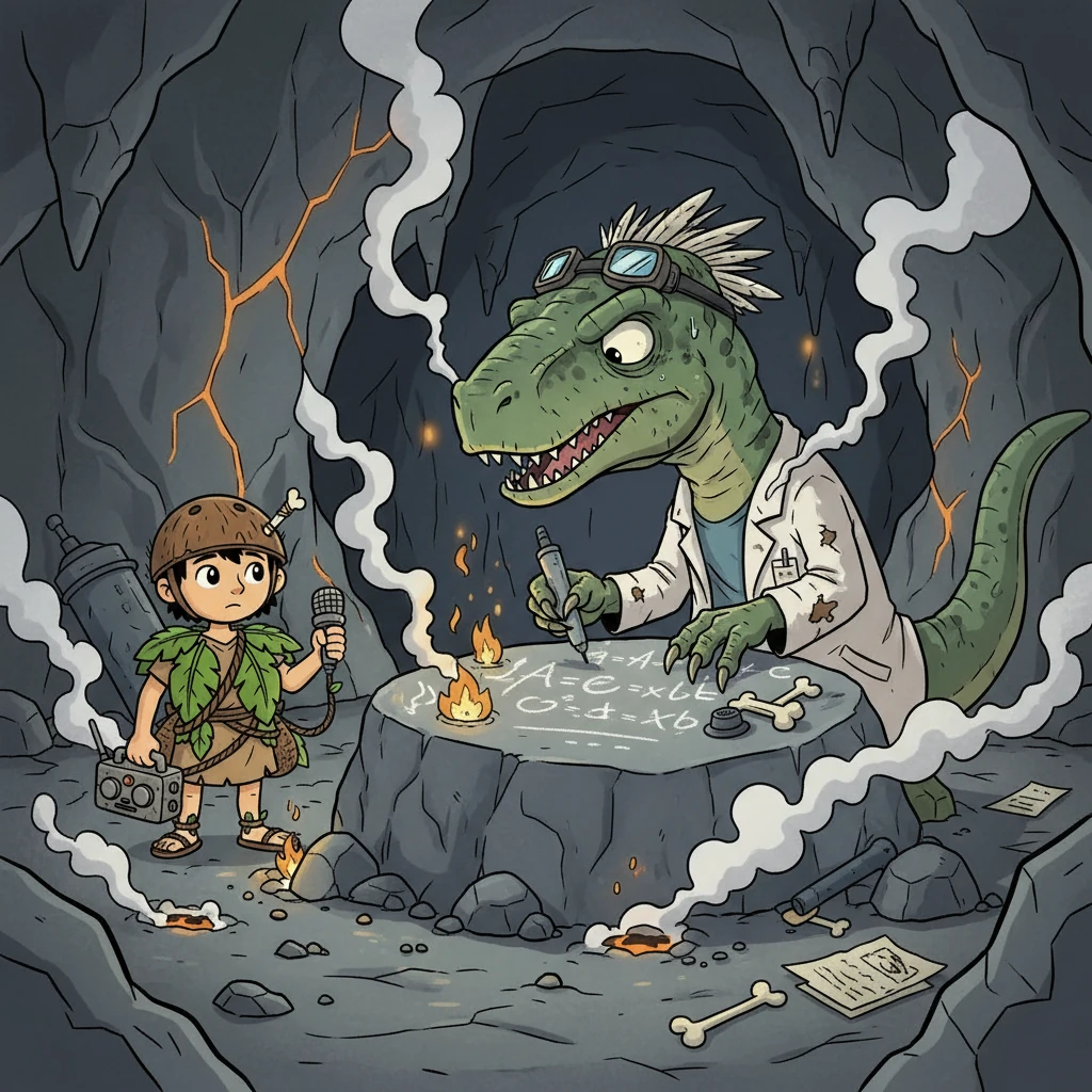 Velociraptor, the burnt-out scientist, is frantically scribbling equations in a cave, muttering about the end of the world. Sora, dodging plumes of smoke, asks about his research. He just sighs and explains the inevitable impact.