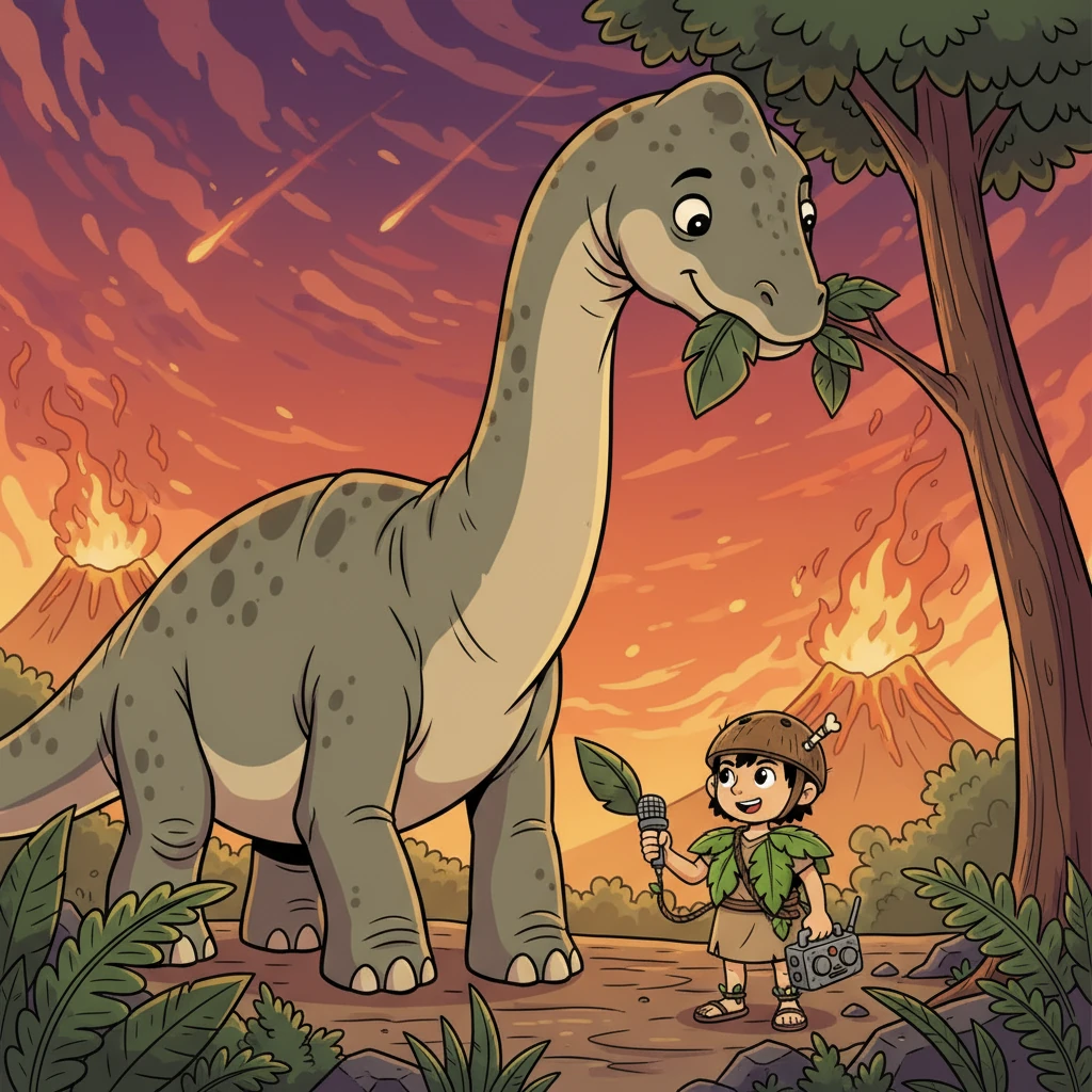 Diplodocus, the zen giant, calmly munches on leaves, unfazed by the fiery sky and impending doom. Sora, impressed by his tranquility, asks for his secret to inner peace. He simply smiles and offers her a leaf.