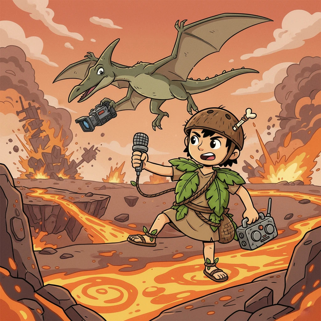Finally, Pterosaur, the chaotic sky vlogger, swoops through the lava-filled air, filming everything. Sora, dodging his erratic flight path, manages a final interview, as the world around them begins to crumble. The end is near, but the show must go on!