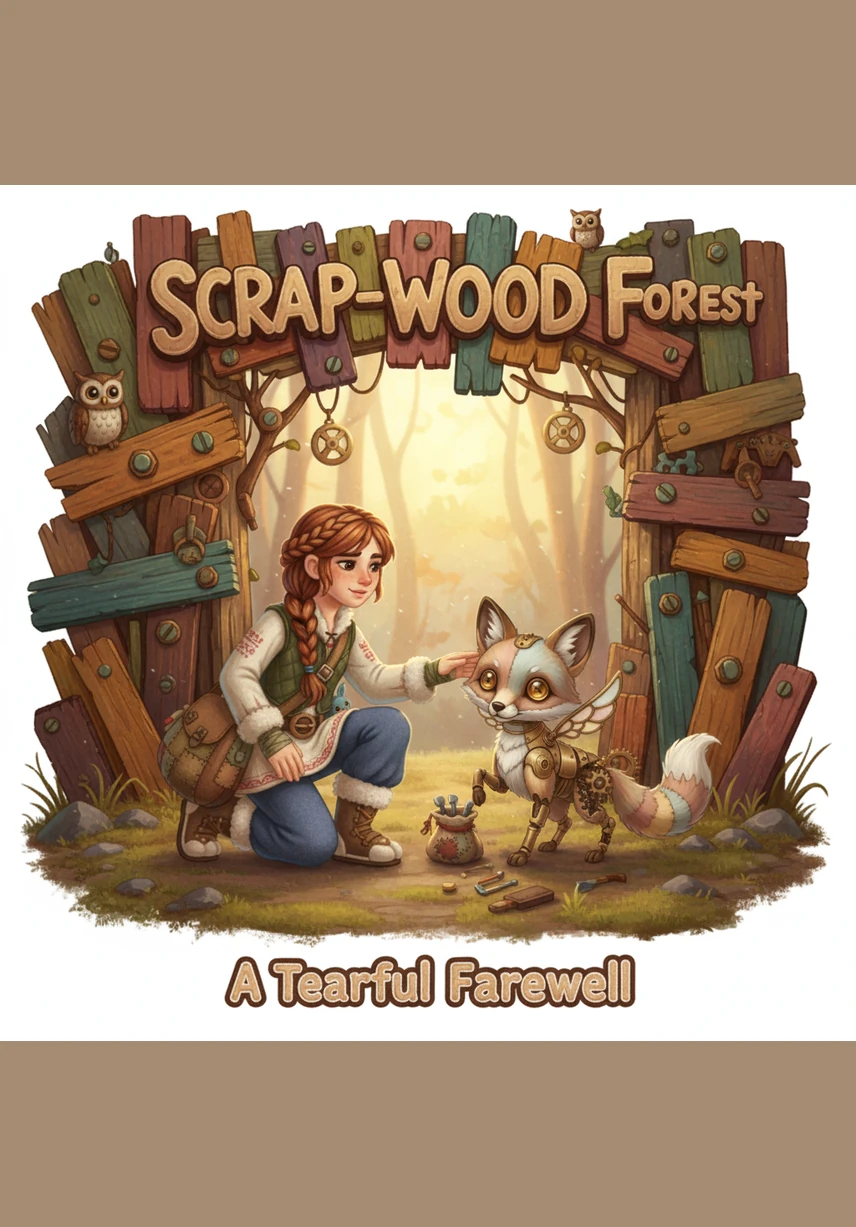 Elara stands at the edge of the Scrap-wood Forest, her hand outstretched toward a massive, trembling iron wolf. The sunset casts long, copper shadows across her burlap cloak as she whispers words of peace to the mechanical creature.