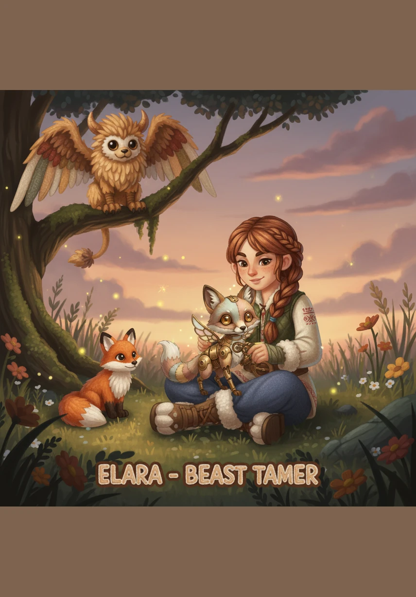 The iron wolf lowers its head, allowing Elara to place a glowing, braided charm around its neck. Its glowing blue eyes fade to a soft, calm amber as the bond between tamer and beast is sealed in the quiet twilight.