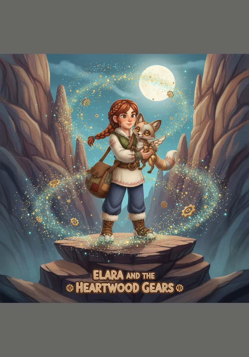 Deep within the Whispering Canyons, Elara and her wolf companion encounter a flock of clockwork birds with wings of stained glass. She plays a small wooden flute, and the birds descend in a swirling kaleidoscope of light and rhythmic clicking.