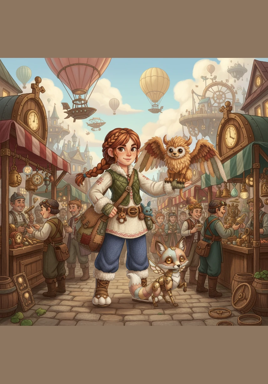 Elara navigates a bustling market in the floating city of Gear-Haven, searching for a map to the legendary Great Engine. Her beasts remain hidden beneath her wide, weathered cloak, sensing the curiosity and fear of the city folk around them.