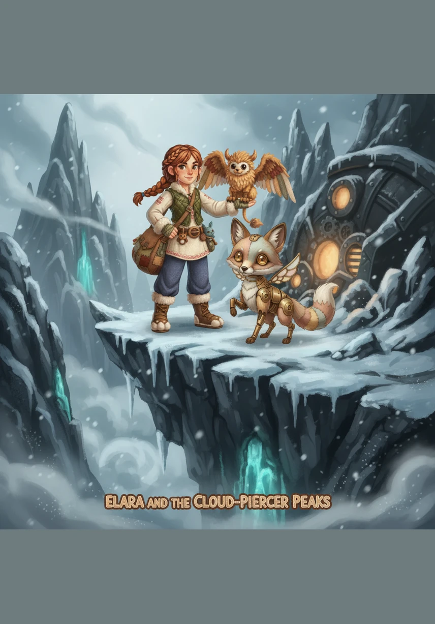 High atop the Cloud-Piercer Peaks, Elara faces a majestic sky-serpent made of silver scales and captured thunderclouds. Instead of a weapon, she offers a shimmering crystal of pure energy, showing the creature she is a friend rather than a hunter.