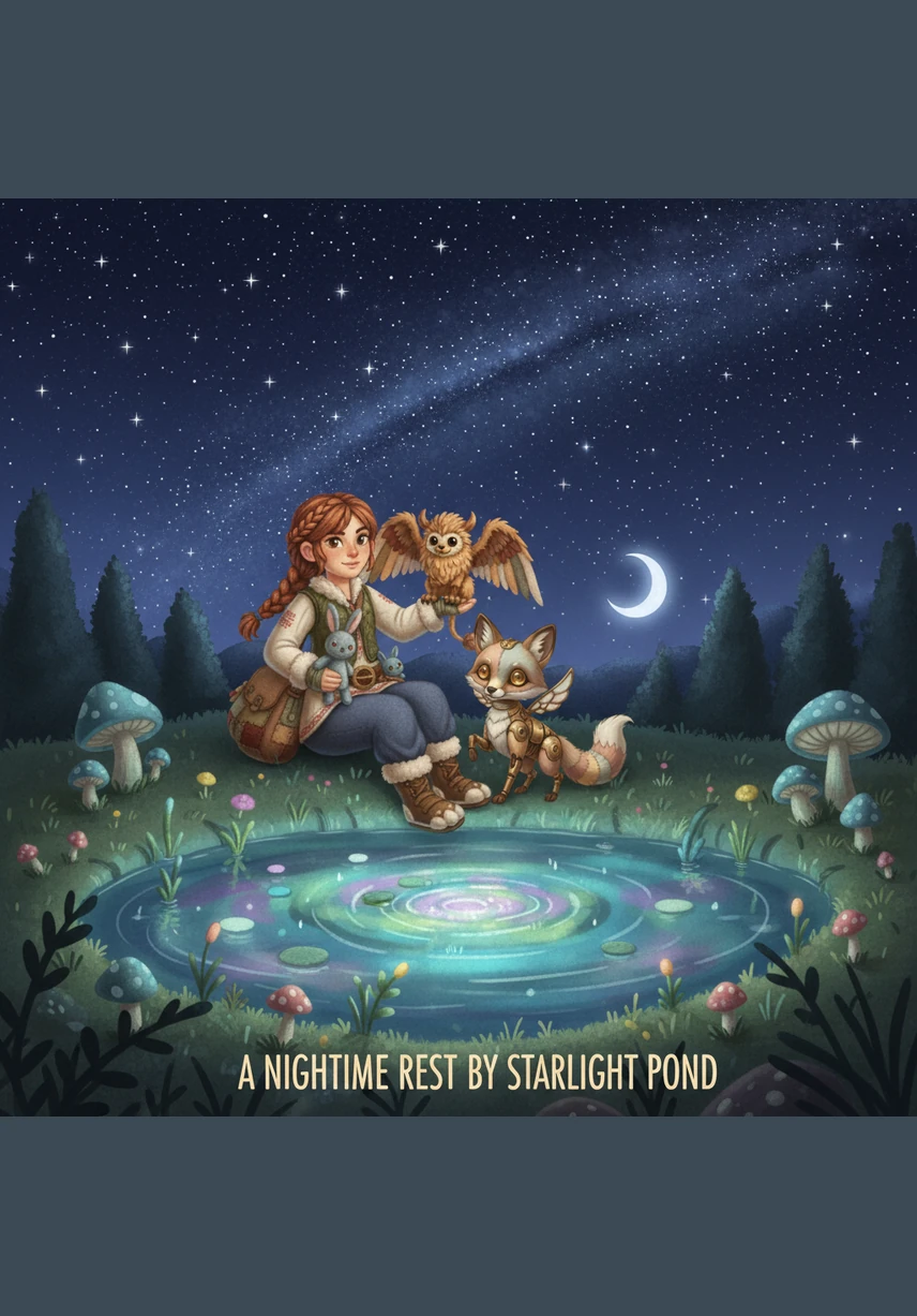 While resting by a bioluminescent pond, Elara teaches the brass fox how to hunt for energy-fruit hidden among the glowing reeds. The bond between her diverse pack grows stronger as they share a moment of peace under the starlight.