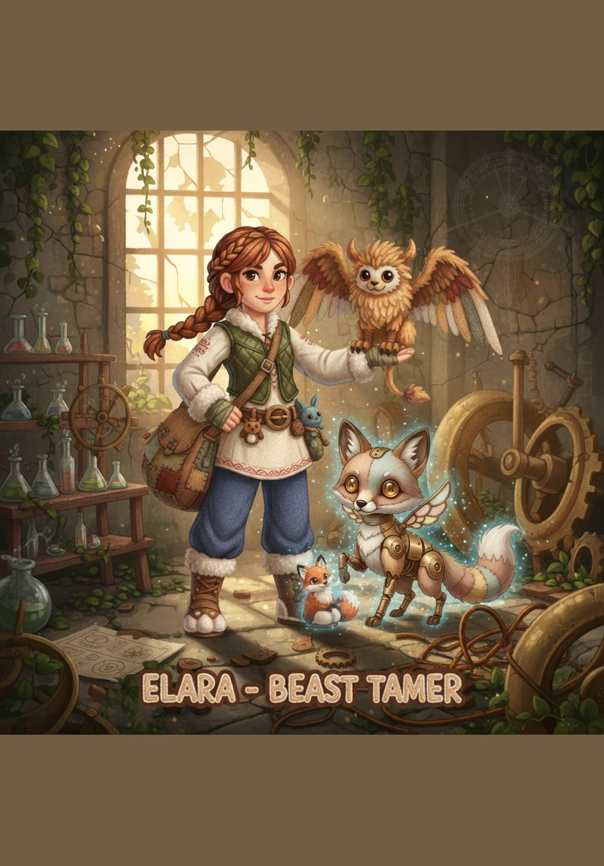The journey leads them to the overgrown ruins of a forgotten laboratory where the first beasts were forged long ago. Elara finds a dusty, leather-bound journal that reveals her lineage as the last of the Sovereign Tamers.