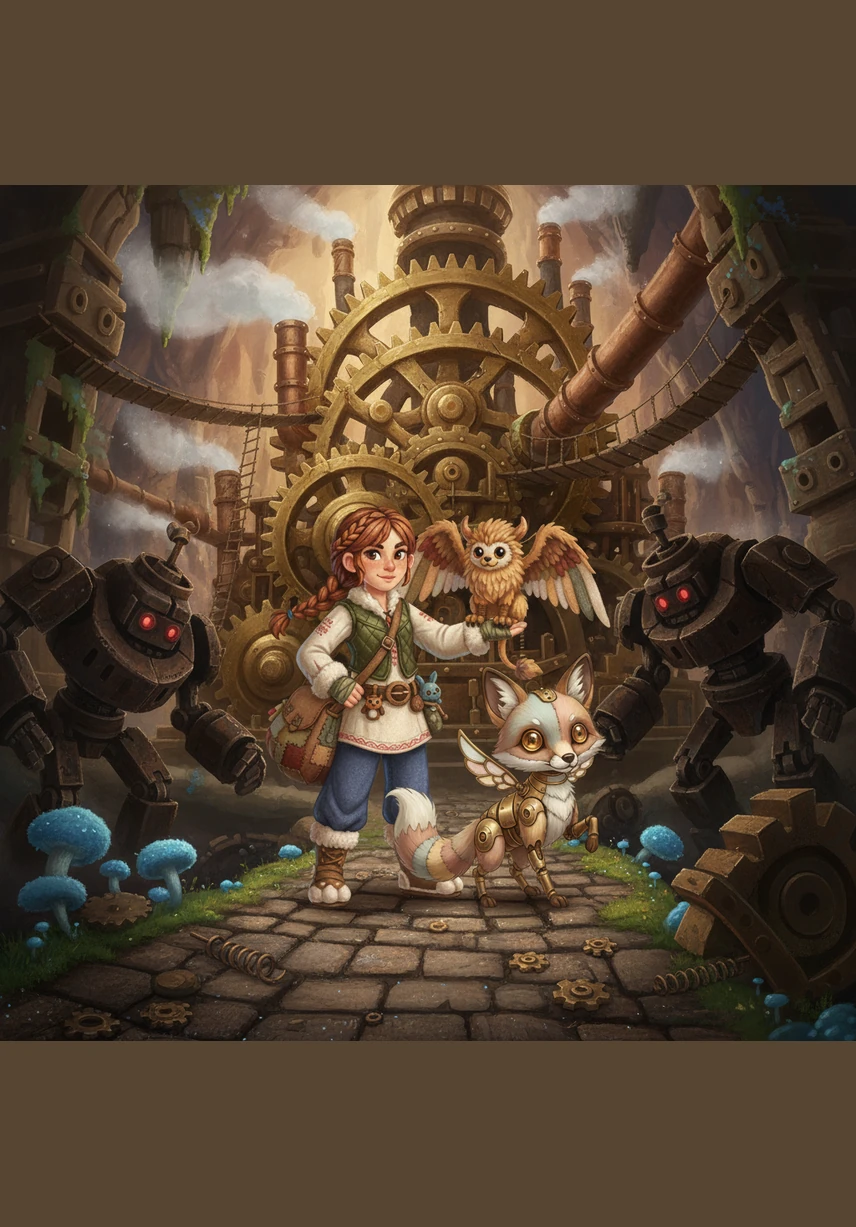 A massive shadow looms as a corrupted, soot-covered dragon blocks the path to the Great Engine. Elara stands her ground, her pack forming a protective circle around her as she prepares to heal the dragon’s broken, mechanical heart.