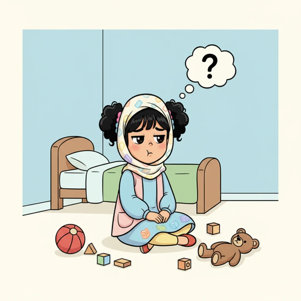 كانت لينا جالسة في غرفتها، محاطة بألعابها المبعثرة، تشعر بالملل الشديد. تنهدت وهي تتساءل ماذا يمكن أن تفعل في هذا اليوم الطويل. كانت الألعاب تبدو مملة وفارغة من أي حماس.