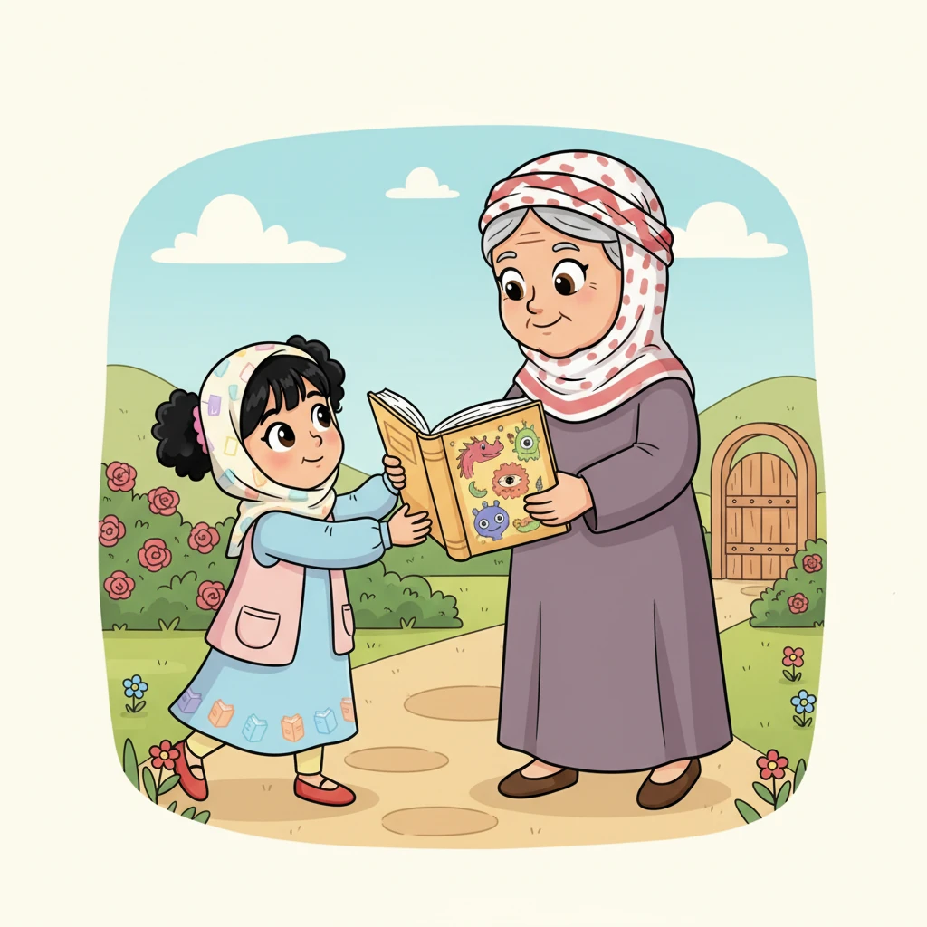 لاحظت جدتها الحكيمة لينا وهي تتجول بلا هدف. ابتسمت الجدة بحنان وقدمت لها كتابًا ملونًا ولامعًا مزينًا برسومات لمخلوقات غريبة. قالت الجدة بصوت دافئ: "ربما يخبئ هذا الكتاب مغامرة تنتظرك يا لينا."