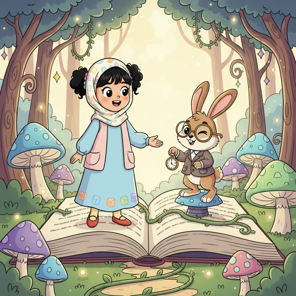 فجأة، وجدت لينا نفسها في غابة سحرية داخل الكتاب، حيث التقت بأرنب يتحدث يرتدي نظارات كبيرة. قال الأرنب وهو يغمز: "أهلاً بك في عالمنا! هل أنتِ مستعدة لاستكشاف أسرار هذه الغابة؟" شعرت لينا بالدهشة والسعادة في آن واحد.