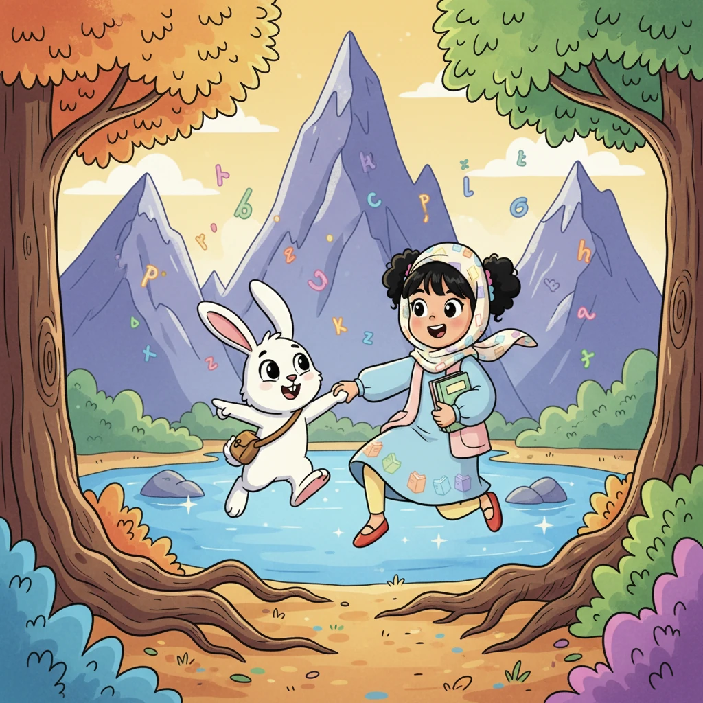 أمسك الأرنب بيد لينا الصغيرة بحماس، ودعاها لمرافقته في مغامرة عبر الجبال الشاهقة والبحيرات المتلألئة التي رسمتها الكلمات. "هيا بنا، فكل صفحة تخبئ اكتشافًا جديدًا!" صاح الأرنب بينما كانا يقفزان بين الأشجار الملونة.
