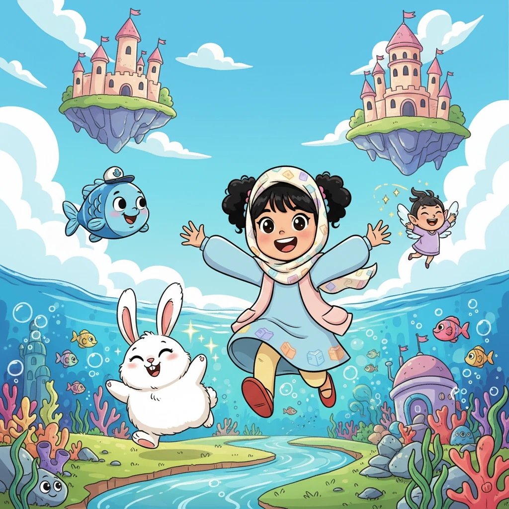 طاقت لينا من الفرح وهي تركض وتضحك مع الأرنب وشخصيات أخرى مرحة، تستكشف القلاع العائمة والمدن تحت الماء. كانت كل كلمة تقرأها تحول الخيال إلى حقيقة ملموسة. شعرت وكأنها تعيش القصة بكل تفاصيلها المدهشة.