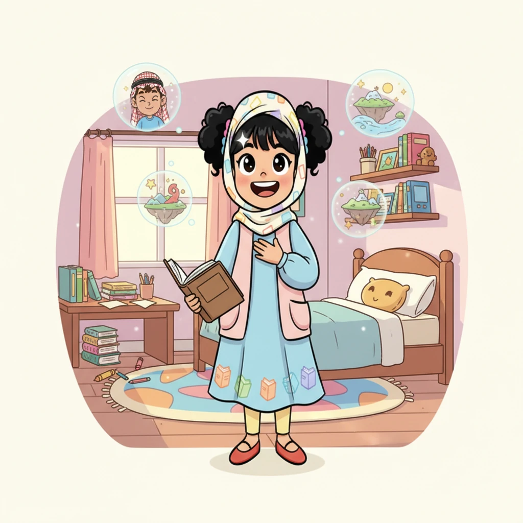 عندما أغلقت لينا الكتاب، وجدت نفسها مرة أخرى في غرفتها، لكن هذه المرة لم تكن تشعر بالملل. كانت عيناها تلمعان ببريق المغامرة، وقلبها ينبض بذكرى الأصدقاء الجدد والعوالم التي زارتها. ابتسامة عريضة ارتسمت على وجهها.