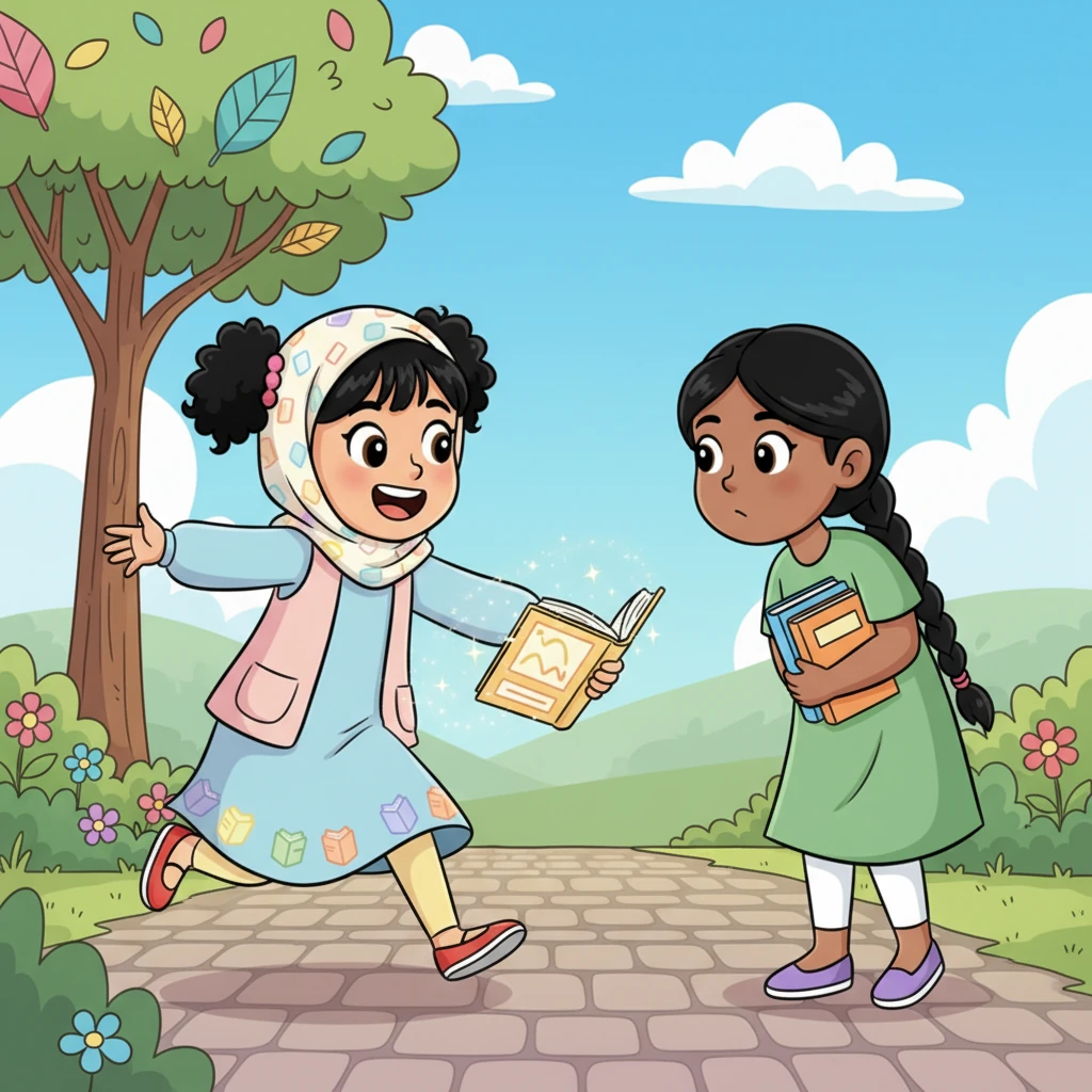 في اليوم التالي، ركضت لينا إلى صديقتها مريم وقالت بحماس: "يا مريم، يجب أن تقرئي هذا الكتاب! لقد سافرت إلى غابة سحرية والتقيت بأرنب يتحدث!" أضافت لينا: "الكتب ليست مجرد ورق، بل هي بوابات لعوالم لا تصدق!"