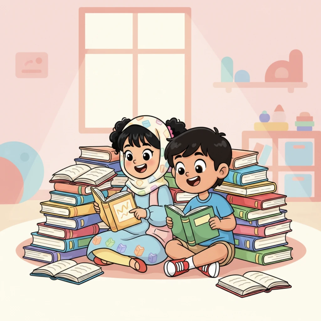 جلست لينا ومريم معًا، تحيط بهما كومة من الكتب الملونة، وكلتاهما متحمسة لاستكشاف مغامرات جديدة. كانت كل صفحة تعدهما برحلة مختلفة، وكل كلمة تفتح نافذة على عالم من الخيال اللامحدود. لقد أدركتا أن القراءة هي أعظم مغامرة على الإطلاق.