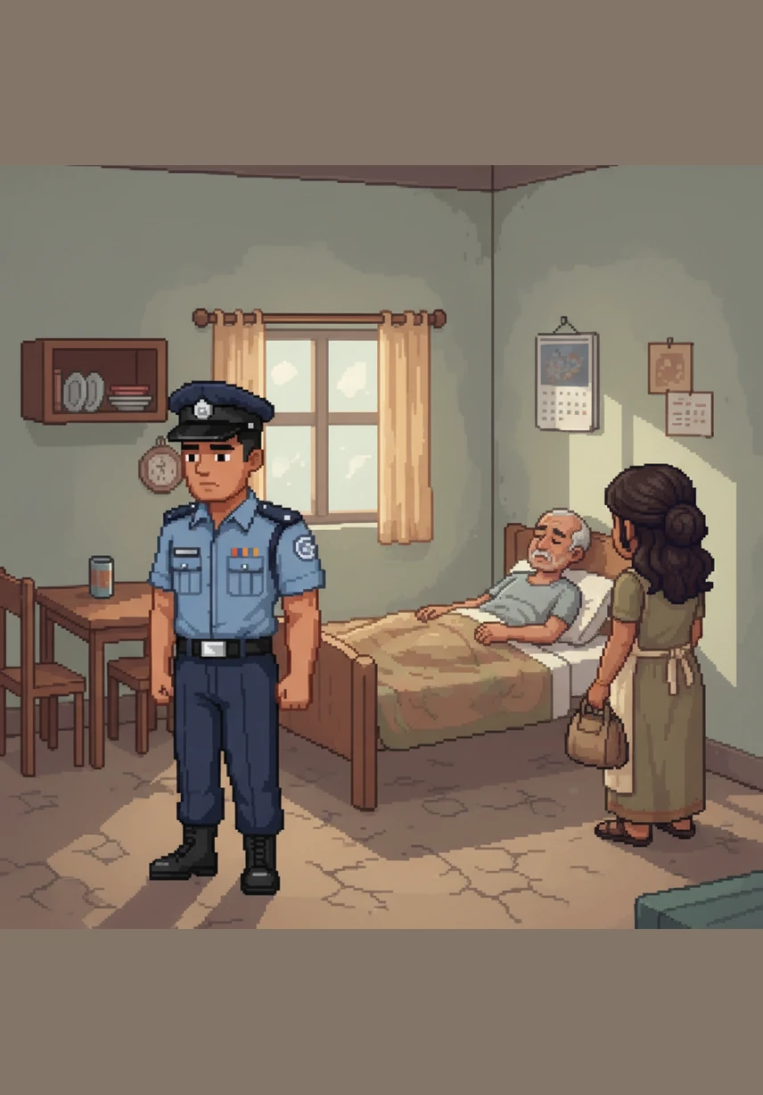 Arjun stands in his small, modest home, wearing his police uniform with a heavy heart. His father rests on a bed nearby while his mother prepares for another long day of work as a maid, highlighting the immense weight of the world on his young shoulders.