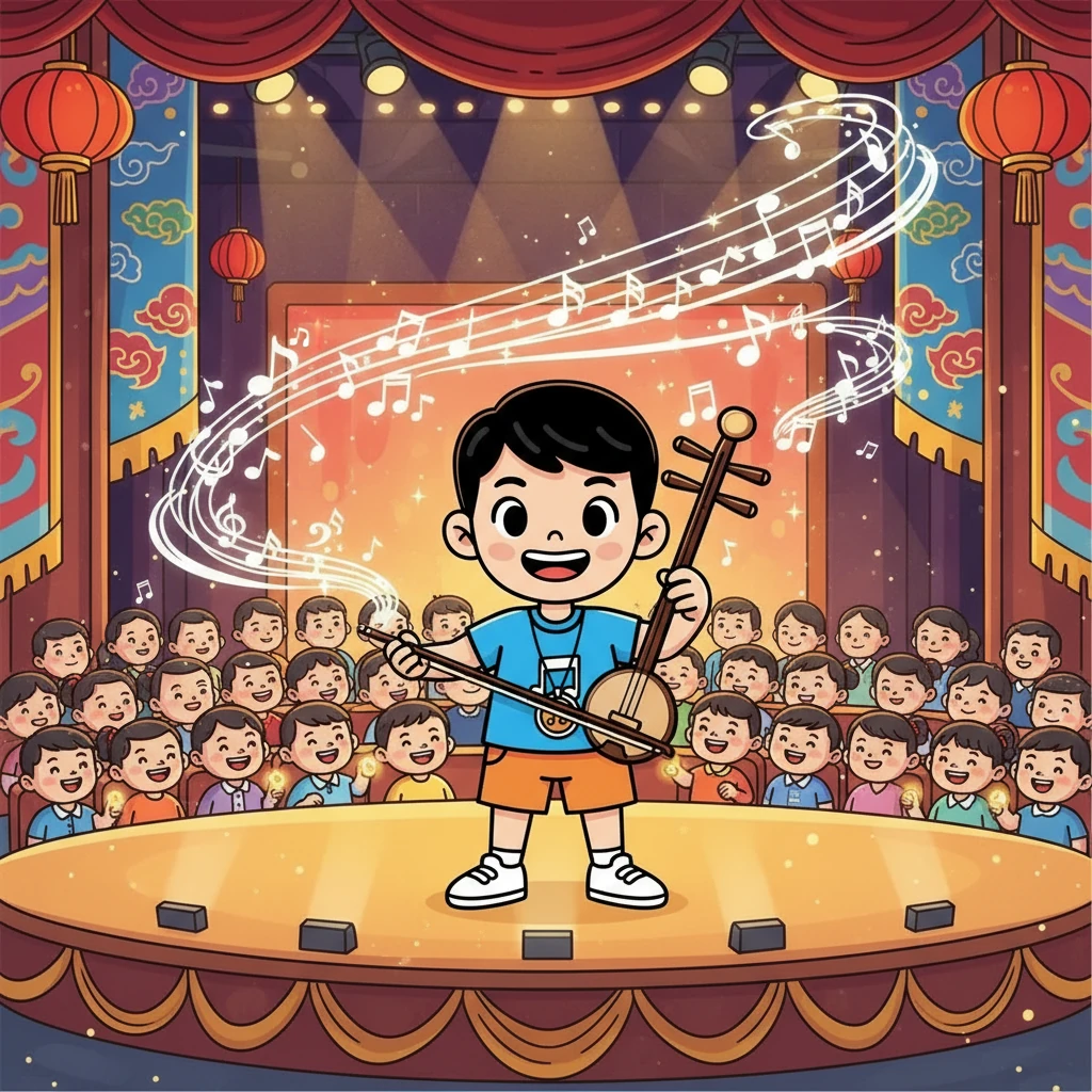 小樂在音樂會上表演，他演奏著自己最喜歡的曲子。琴聲在空中迴盪，觀眾們都被他的音樂深深吸引。小樂的臉上洋溢著自信的笑容。