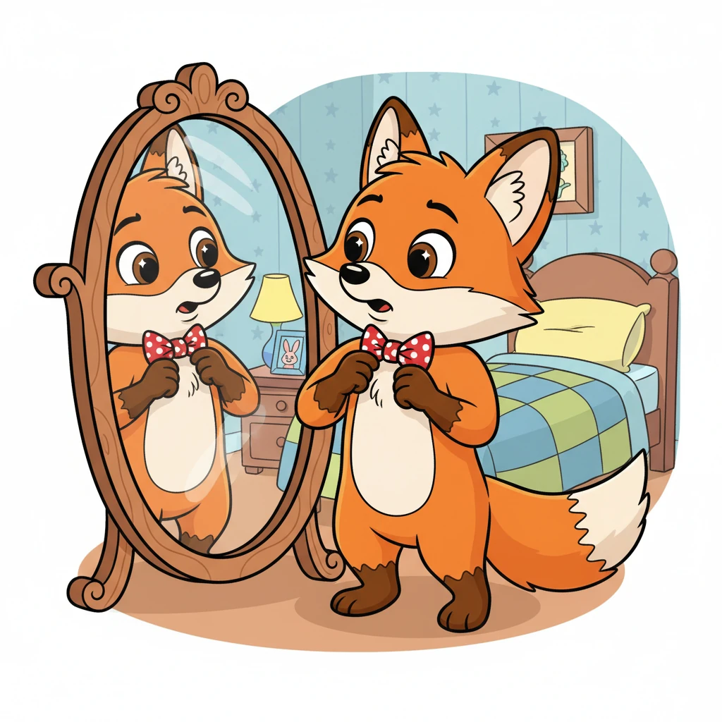 Pip, a fluffy orange fox, stood before his mirror, adjusting his tiny bow tie. His big, expressive eyes were wide with a mix of excitement and nervous jitters. He puffed out his chest, then smoothed down his fur, hoping he looked just right for his special date. A playful sparkle danced in his cartoonishly large eyes.