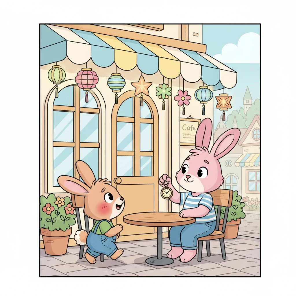 Outside a cozy, whimsical cafe adorned with colorful lanterns, Pip spotted Daisy, a lovely rabbit with soft pink fur and a gentle smile. She sat at a small outdoor table, her long ears perked up, looking patiently at her watch. Pip’s tail gave an enthusiastic wag as he nervously approached, a blush creeping up his cheeks.