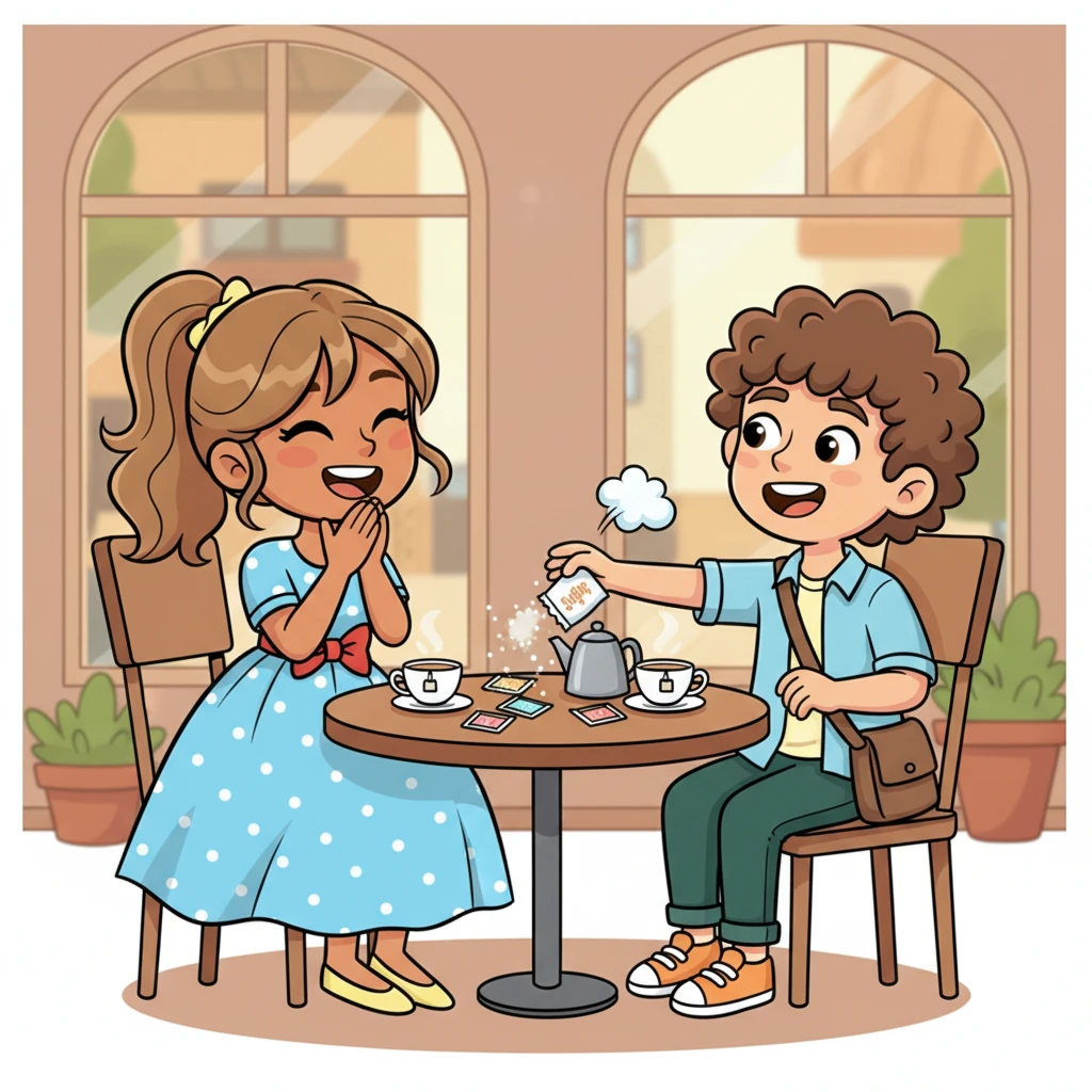 They settled into their seats, a little shy at first, but soon a tiny mishap broke the ice. Pip accidentally knocked over a sugar packet, sending a cloud of sweetness into the air. Daisy giggled, her nose twitching playfully, and Pip let out a relieved laugh, their initial awkwardness melting away.