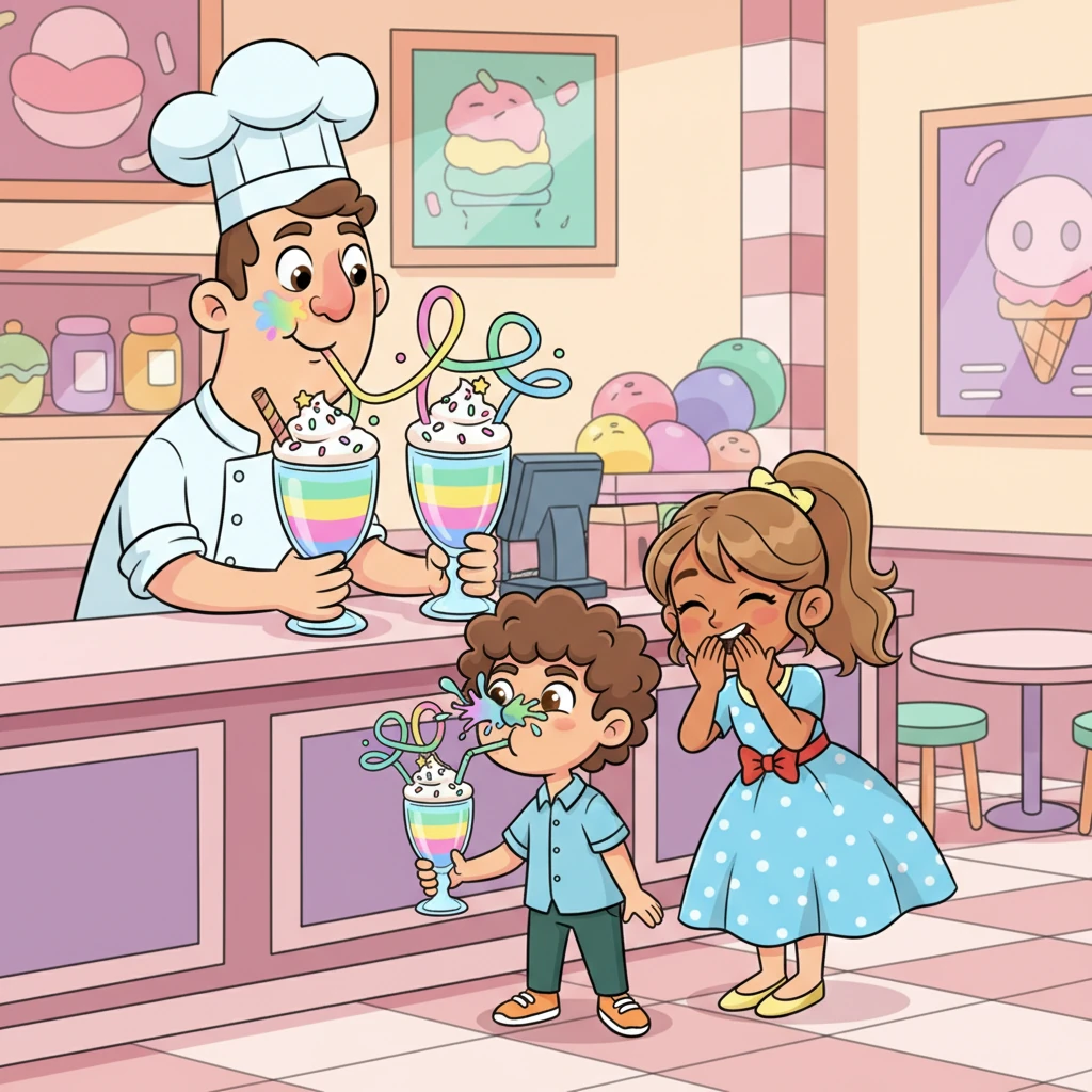 A friendly, exaggeratedly tall barista served them two fantastical, rainbow-colored milkshakes topped with towering whipped cream and sprinkles. Pip, trying to impress, attempted to slurp his drink through his straw in a loop-de-loop, only to end up with a comical splash on his nose. Daisy covered her mouth to stifle a laugh, her eyes twinkling.