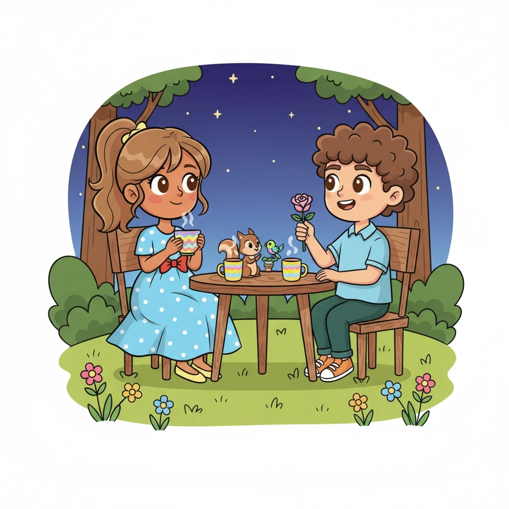 As they sipped their drinks, their conversation flowed easily, like a gentle stream. They shared stories about their favorite forest adventures and discovered a mutual love for starry nights. Their expressive faces showed genuine interest and growing warmth, with their eyes sparkling as they talked.