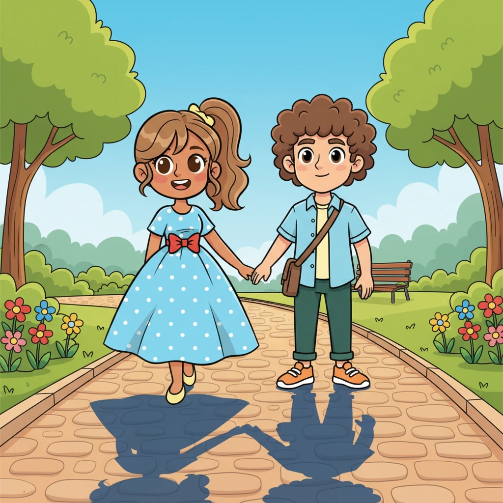With their milkshakes finished, Pip and Daisy decided to explore the town's charming park. They strolled side-by-side, their paws occasionally brushing, a comfortable silence settling between them. The sun shone brightly, casting cheerful, exaggerated shadows on the path ahead.