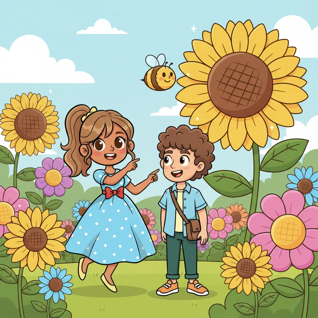 In the heart of the park, they discovered a breathtaking patch of flowers, bursting with every color imaginable. Giant, cartoonish blossoms swayed gently, their petals glittering in the sunlight. Daisy gasped with delight, pointing excitedly to a particularly vibrant, oversized sunflower with a joyful bee buzzing around it.