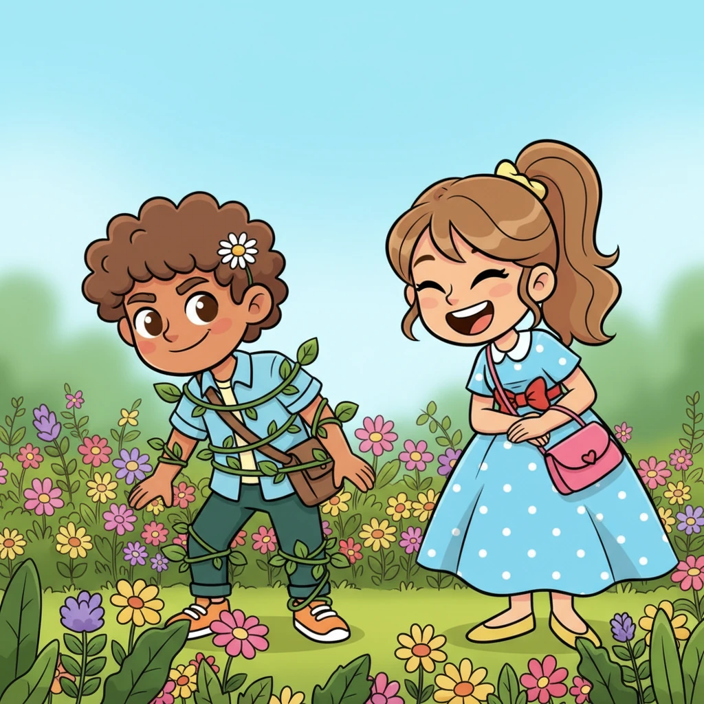 Pip, wanting to pluck a special bloom for Daisy, leaned into the flower patch with a determined grin. However, his enthusiasm led to a tangle of vines and leaves, leaving him comically stuck with a single, tiny daisy perched on his ear. Daisy burst into laughter, a sweet, musical sound.