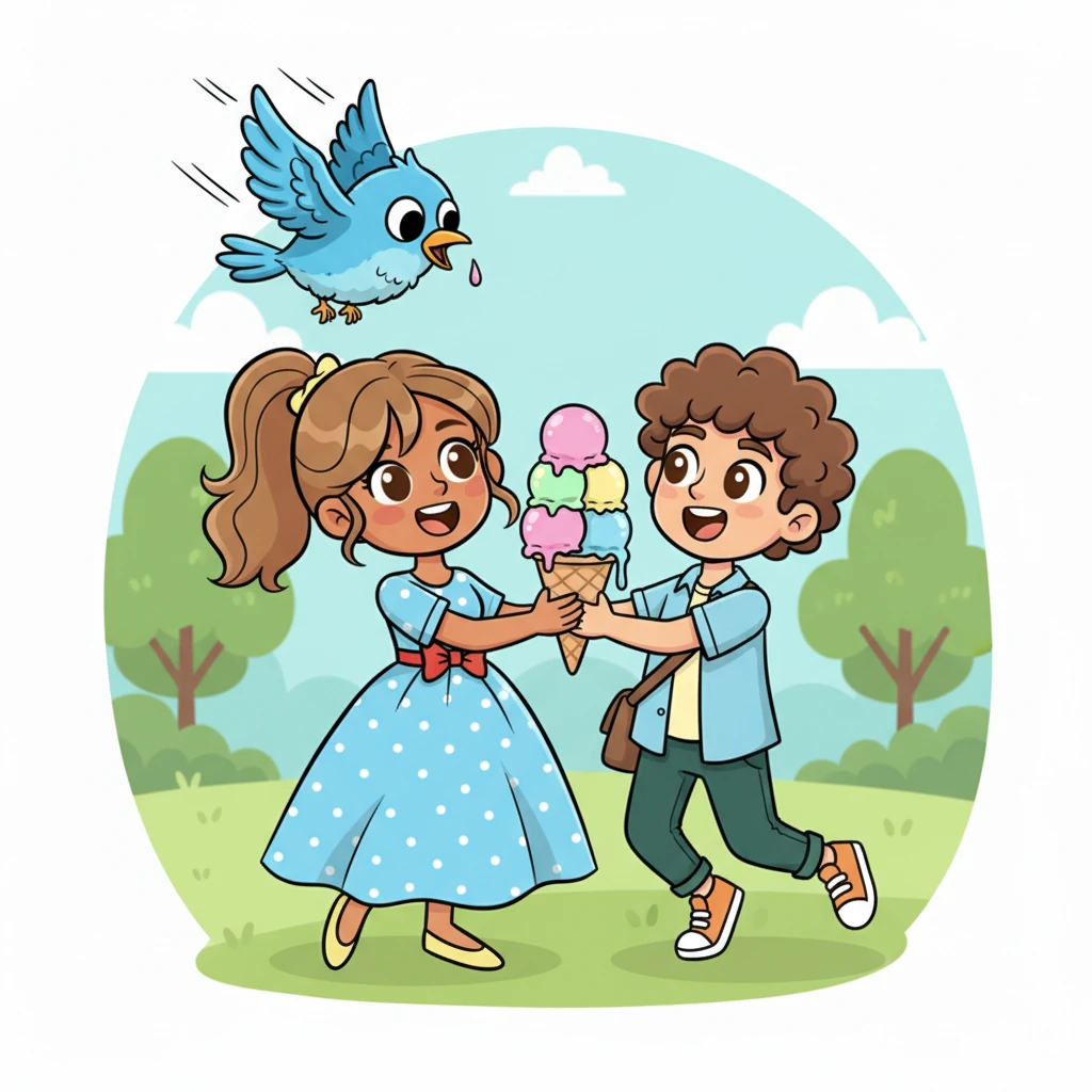 Later, they shared a giant, swirly ice cream cone, each taking turns to lick the colorful scoops. A cheeky, plump bird with big, round eyes swooped down, trying to snatch a drip, making them both jump and giggle. They managed to save their treat, sharing another laugh.