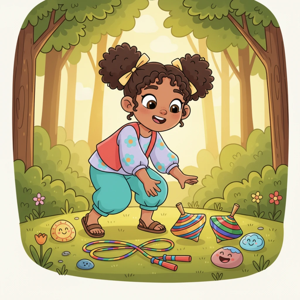 Al llegar a un claro bañado por el sol, Luna vio algo sorprendente y maravilloso. Había una comba de colores, una peonza brillante y unas piedras pintadas con figuras divertidas en el suelo, como si alguien las hubiera dejado allí esperando solo por ella.