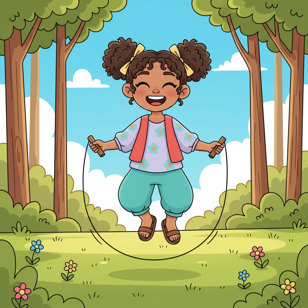 Con una sonrisa que iluminó todo el claro, Luna cogió la comba y empezó a saltar, contando en voz alta y riendo con cada brinco. Nunca había sentido tanta alegría y libertad mientras jugaba al aire libre, bajo el cielo azul y el sol cálido.