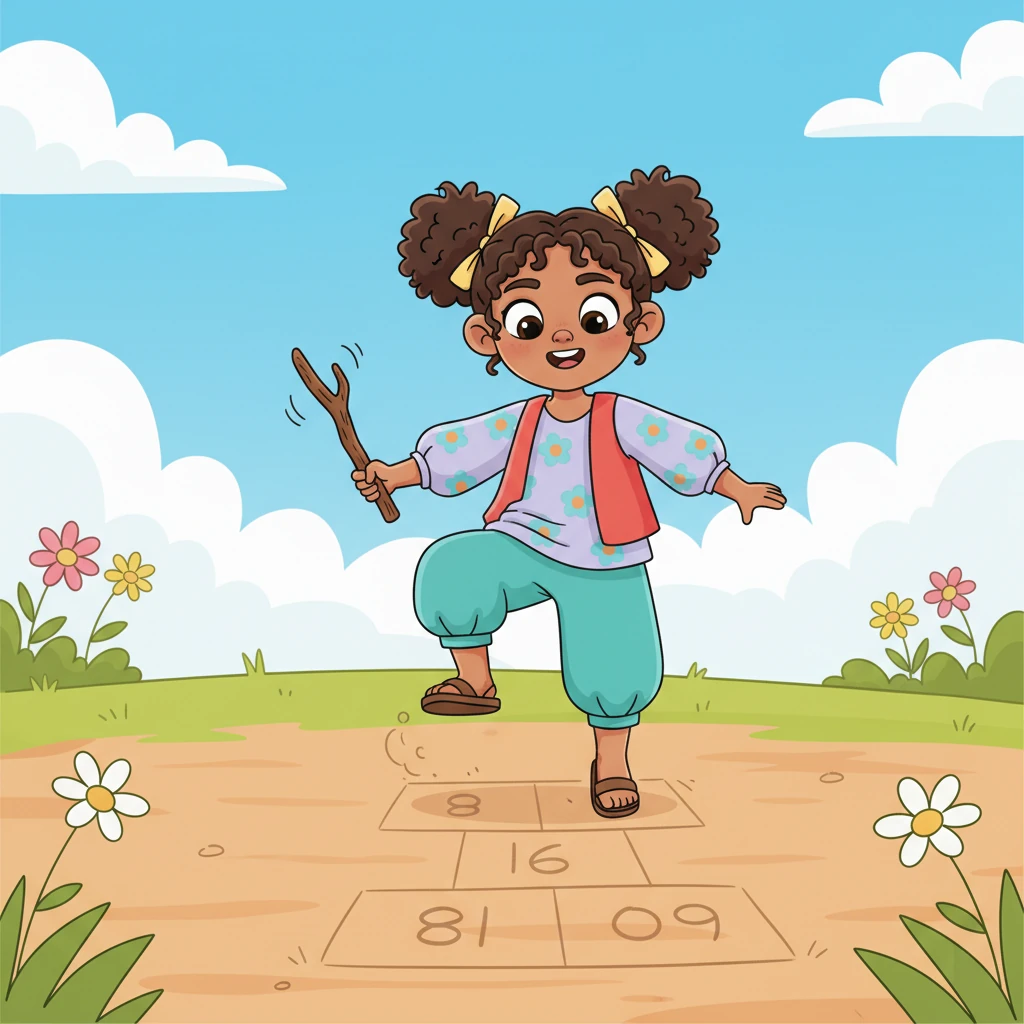 Luego, decidió dibujar una rayuela en la tierra suave con un palo que encontró. Con cuidado y concentración, saltó de un cuadro a otro, disfrutando de cada movimiento y sintiendo la tierra bajo sus pies. Era un juego sencillo pero lleno de felicidad.