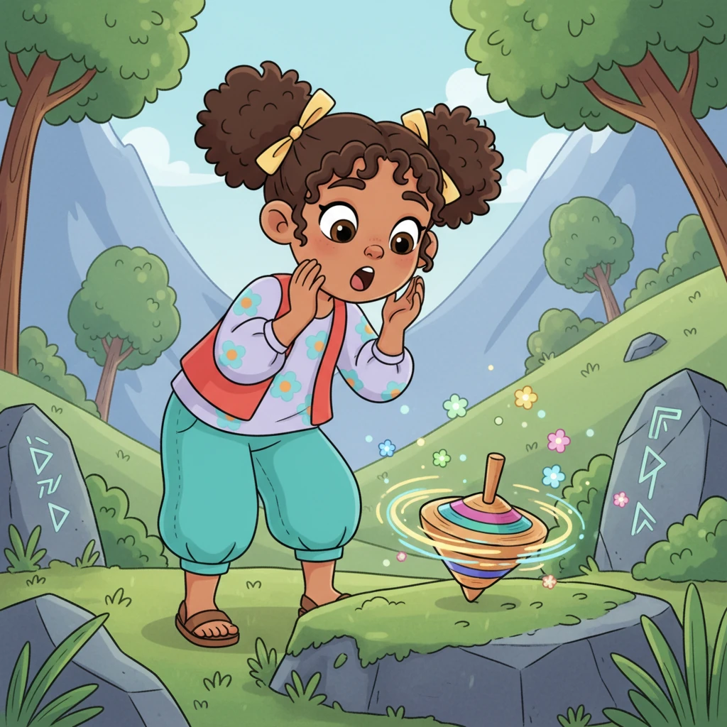 De repente, la peonza que había encontrado empezó a girar sola, dando vueltas y vueltas con un movimiento hipnotizante, como si la magia de la montaña la hubiera animado. Luna la miraba fascinada, con los ojos bien abiertos ante tal maravilla.