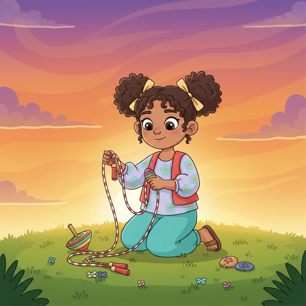 Cuando el cielo se volvió de un hermoso color naranja y violeta, Luna supo que era hora de volver a casa. Recogió cuidadosamente la comba, la peonza y las piedras pintadas, prometiendo en voz baja regresar otro día para seguir jugando en aquel mágico lugar.